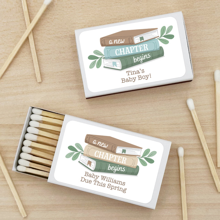 A New Chapter Begins, Book Themed Baby Shower, Baby Shower Favor Matches (Set of 50)