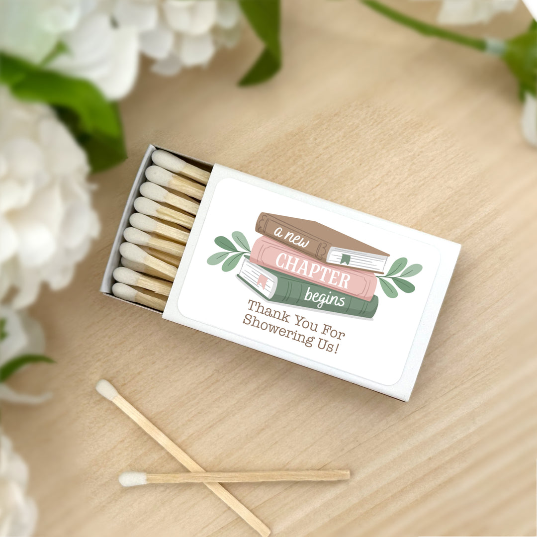 A New Chapter Begins, Book Themed Baby Shower, Baby Shower Favor Matches (Set of 50)