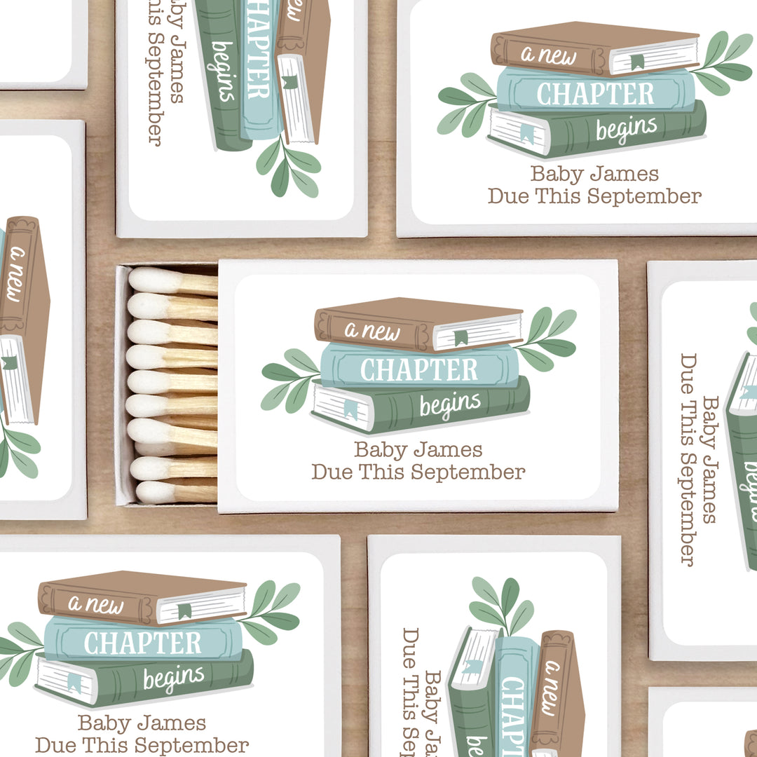 A New Chapter Begins, Book Themed Baby Shower, Baby Shower Favor Matches (Set of 50)