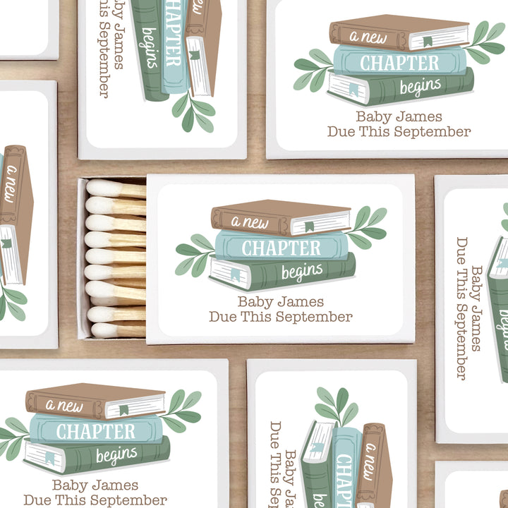 A New Chapter Begins, Book Themed Baby Shower, Baby Shower Favor Matches (Set of 50)