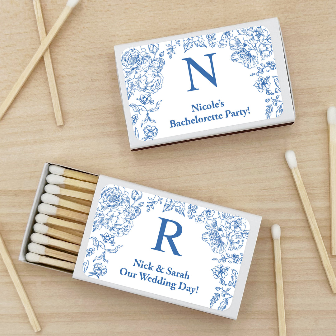 Wedding Favor Matches, Blue Floral Chinoiserie, Blue French Toile Monogram Matchboxes (Set of 50)