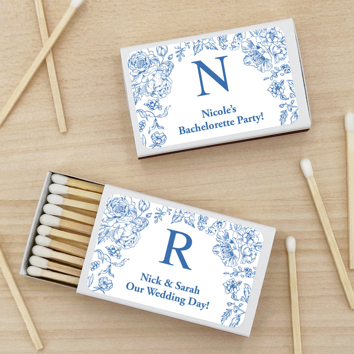 Wedding Favor Matches, Blue Floral Chinoiserie, Blue French Toile Monogram Matchboxes (Set of 50)