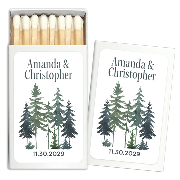 Watercolor Pine Trees Wedding Matches - Set of 50