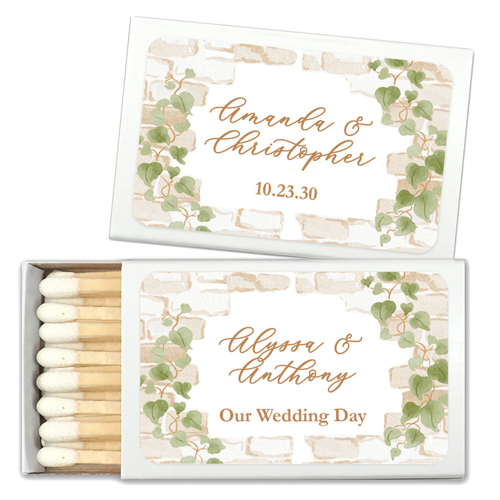 Wedding Favor Matches, Personalized Matchboxes, Garden Wedding, Bridal Shower, Birthday, Stone Wall with Vines - Set of 50