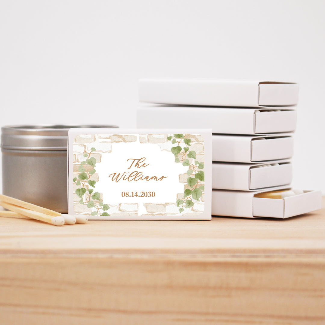 Wedding Favor Matches, Personalized Matchboxes, Garden Wedding, Bridal Shower, Birthday, Stone Wall with Vines - Set of 50