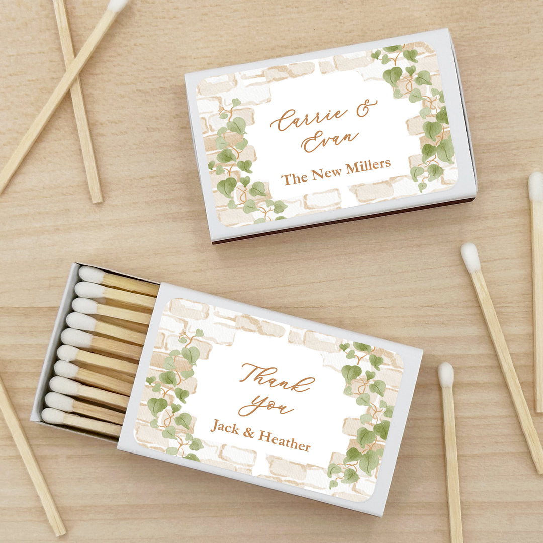 Wedding Favor Matches, Personalized Matchboxes, Garden Wedding, Bridal Shower, Birthday, Stone Wall with Vines - Set of 50