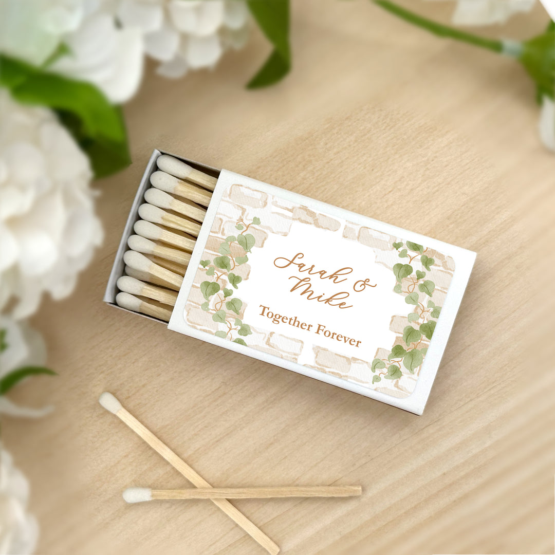 Wedding Favor Matches, Personalized Matchboxes, Garden Wedding, Bridal Shower, Birthday, Stone Wall with Vines - Set of 50