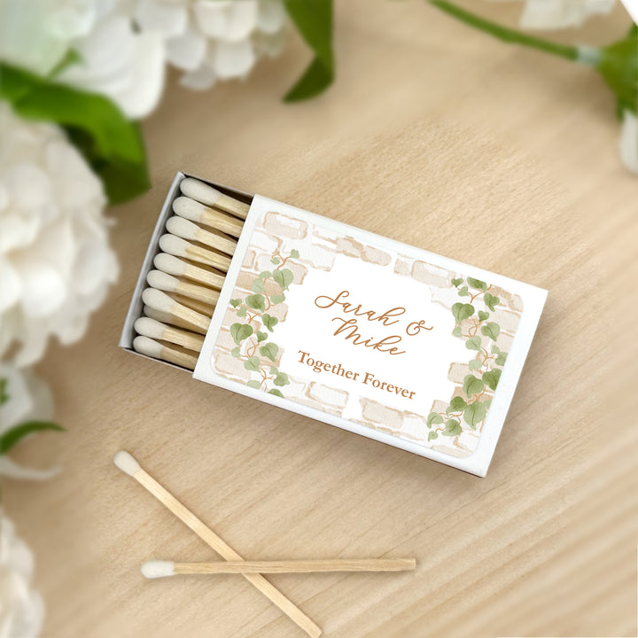 Wedding Favor Matches, Personalized Matchboxes, Garden Wedding, Bridal Shower, Birthday, Stone Wall with Vines - Set of 50