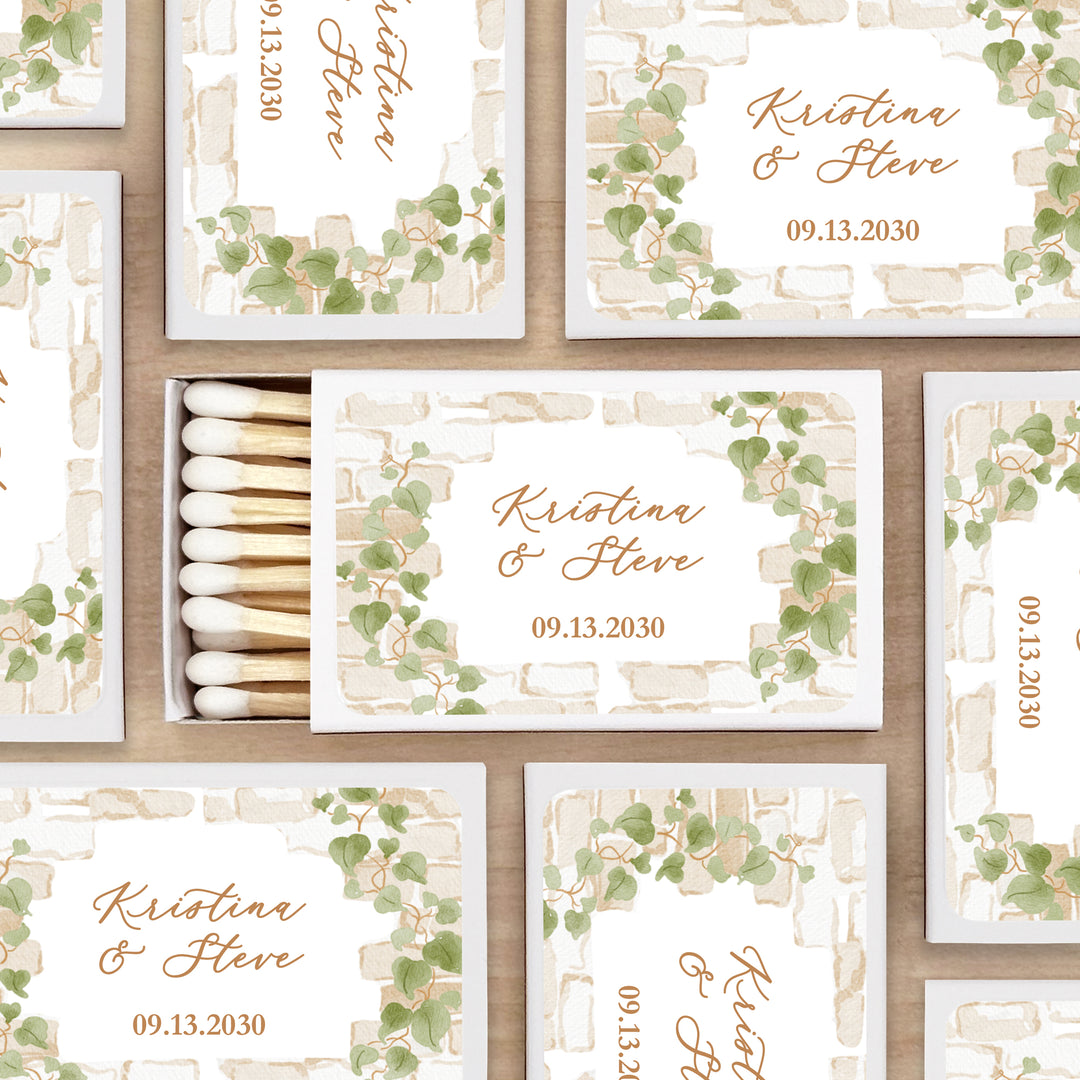 Wedding Favor Matches, Personalized Matchboxes, Garden Wedding, Bridal Shower, Birthday, Stone Wall with Vines - Set of 50