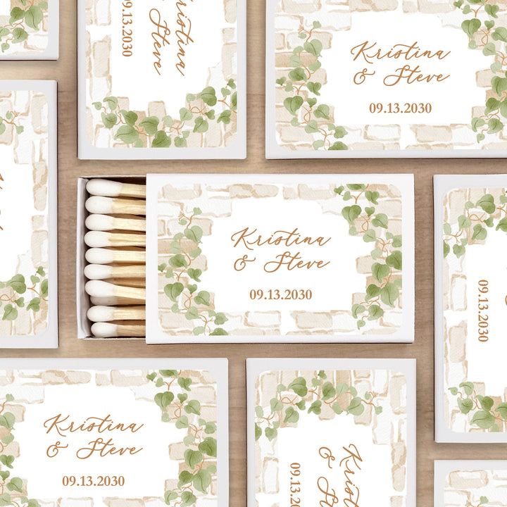 Wedding Favor Matches, Personalized Matchboxes, Garden Wedding, Bridal Shower, Birthday, Stone Wall with Vines - Set of 50