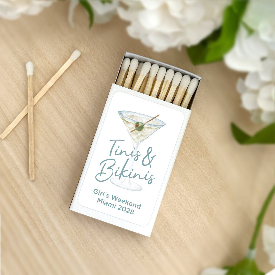 Custom Match Boxes, Bachelorette Favors, Birthday Favors, A Tini Bit Older, Martini Glass - Set of 50