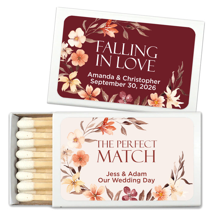 Wedding Favor Matches, Falling in Love, Fall Watercolor Wreath (Set of 50)