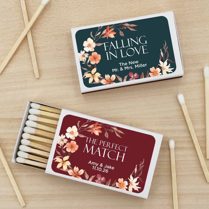 Wedding Favor Matches, Falling in Love, Fall Watercolor Wreath (Set of 50)
