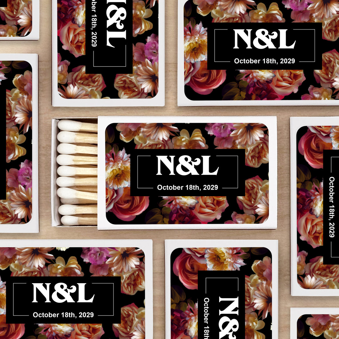 Wedding Favor Matches, Dutch Florals, Dark Floral Matches (Set of 50)