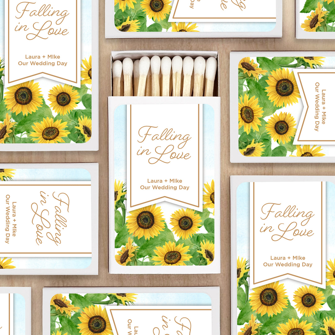 Wedding Favor Matches, Falling in Love, Sunflower Matches (Set of 50)