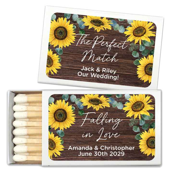 Wedding Favor Matches, Falling in Love, Rustic Sunflower Matches (Set of 50)