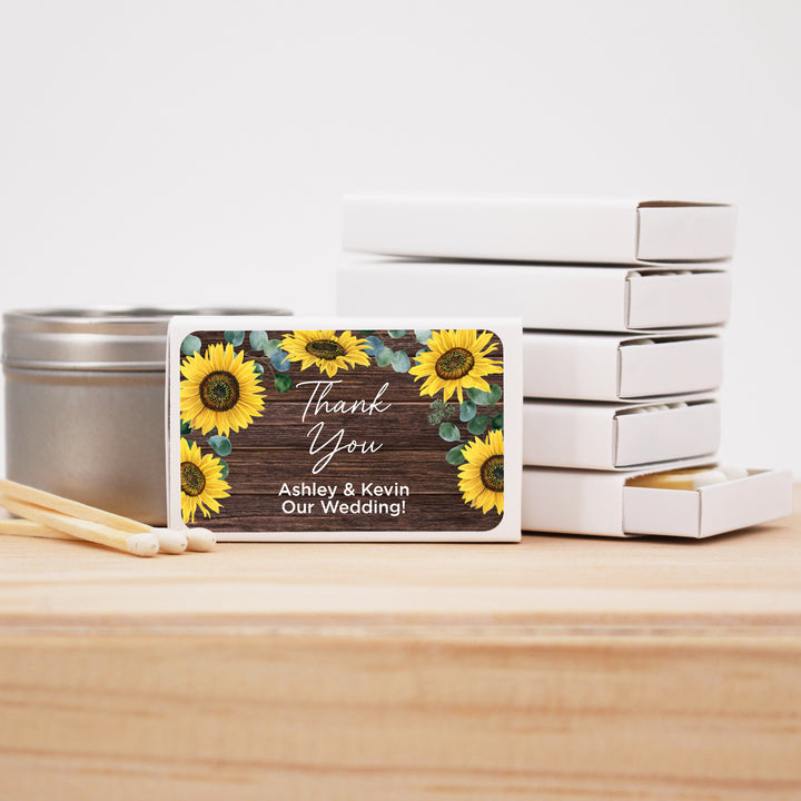 Wedding Favor Matches, Falling in Love, Rustic Sunflower Matches (Set of 50)