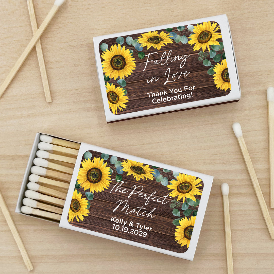 Wedding Favor Matches, Falling in Love, Rustic Sunflower Matches (Set of 50)