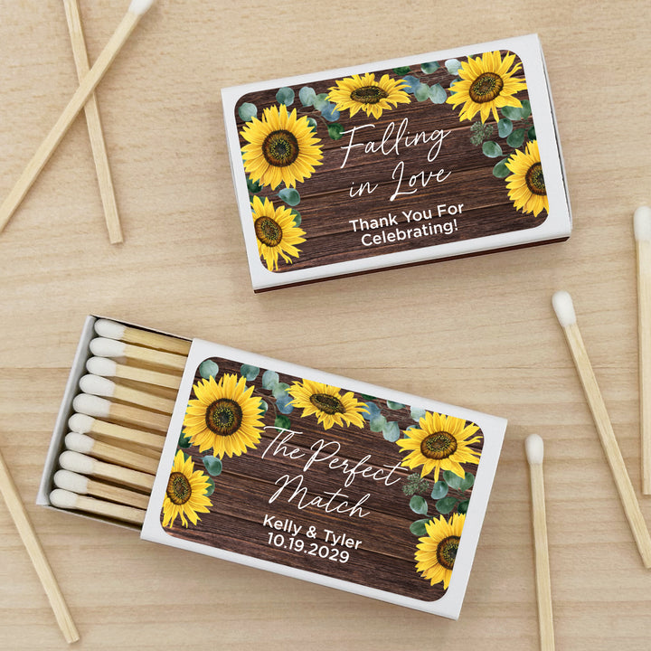 Wedding Favor Matches, Falling in Love, Rustic Sunflower Matches (Set of 50)