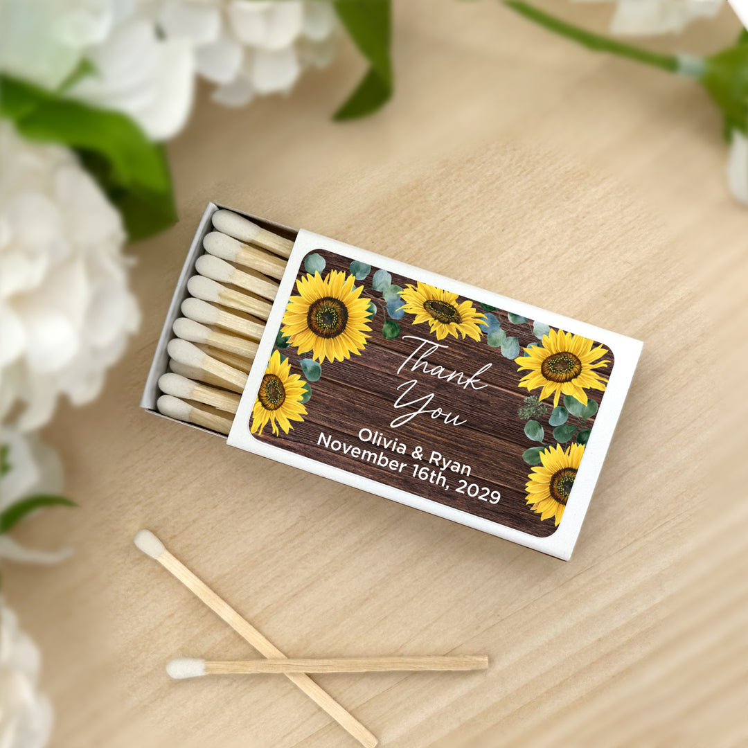 Wedding Favor Matches, Falling in Love, Rustic Sunflower Matches (Set of 50)