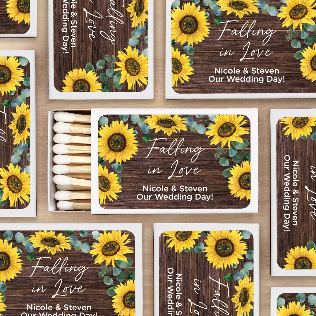 Wedding Favor Matches, Falling in Love, Rustic Sunflower Matches (Set of 50)