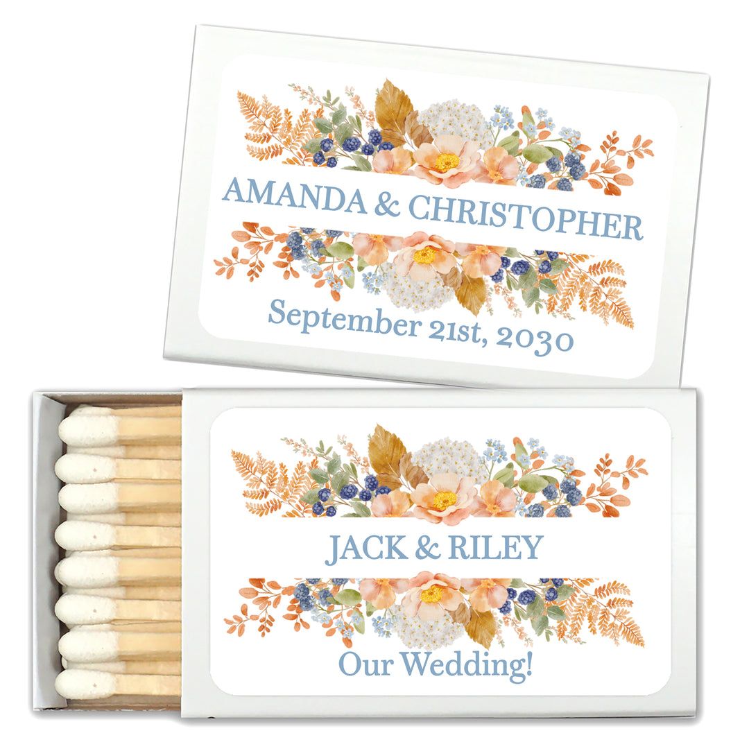 Personalized Wedding Favor Matches, Bridal Shower, Birthday Favors, Peach &amp; Blue Florals, Custom Matchboxes - Set of 50