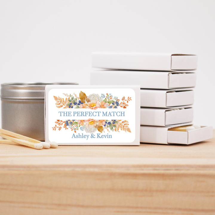 Personalized Wedding Favor Matches, Bridal Shower, Birthday Favors, Peach &amp; Blue Florals, Custom Matchboxes - Set of 50