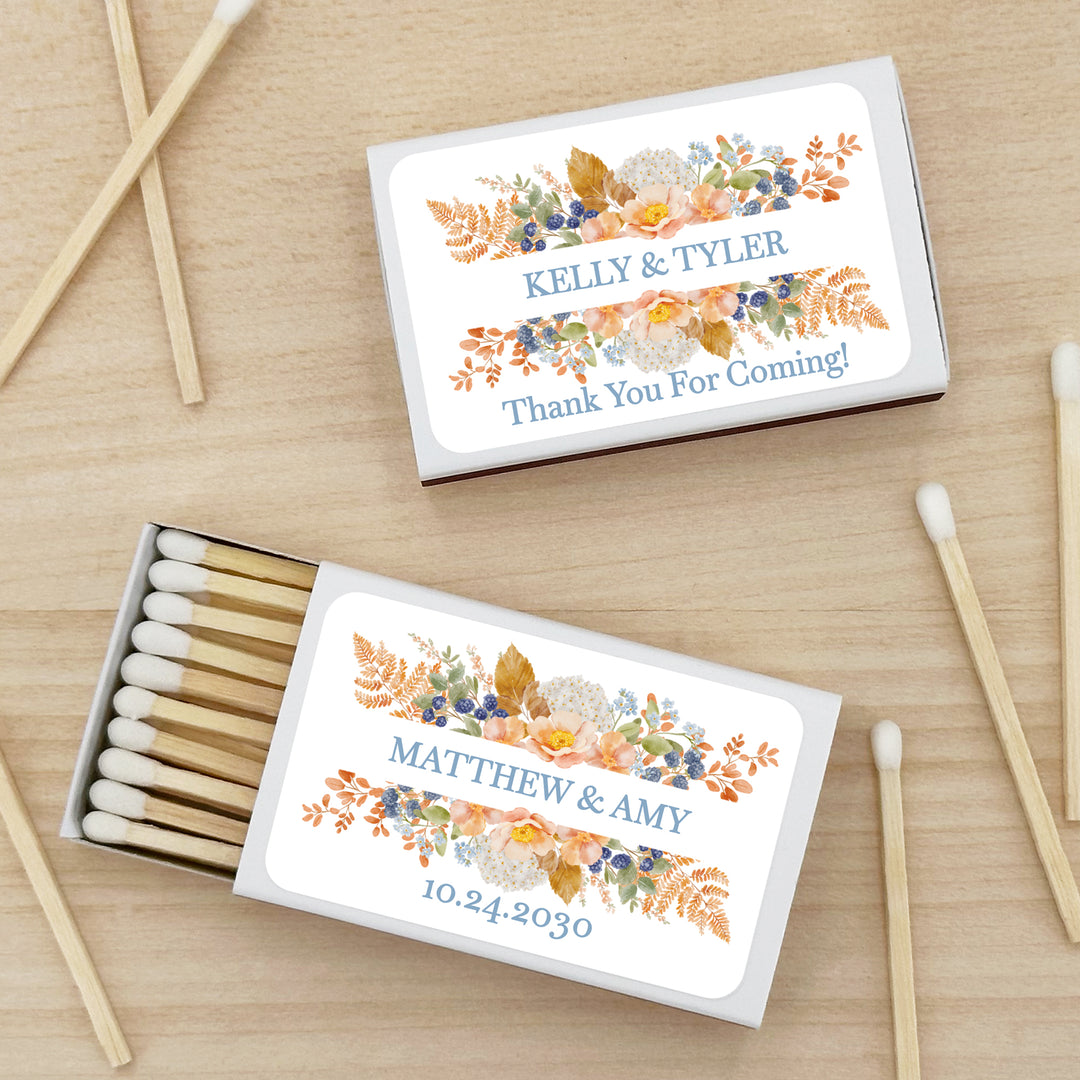 Personalized Wedding Favor Matches, Bridal Shower, Birthday Favors, Peach &amp; Blue Florals, Custom Matchboxes - Set of 50