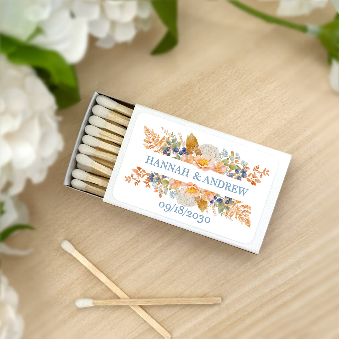 Personalized Wedding Favor Matches, Bridal Shower, Birthday Favors, Peach &amp; Blue Florals, Custom Matchboxes - Set of 50