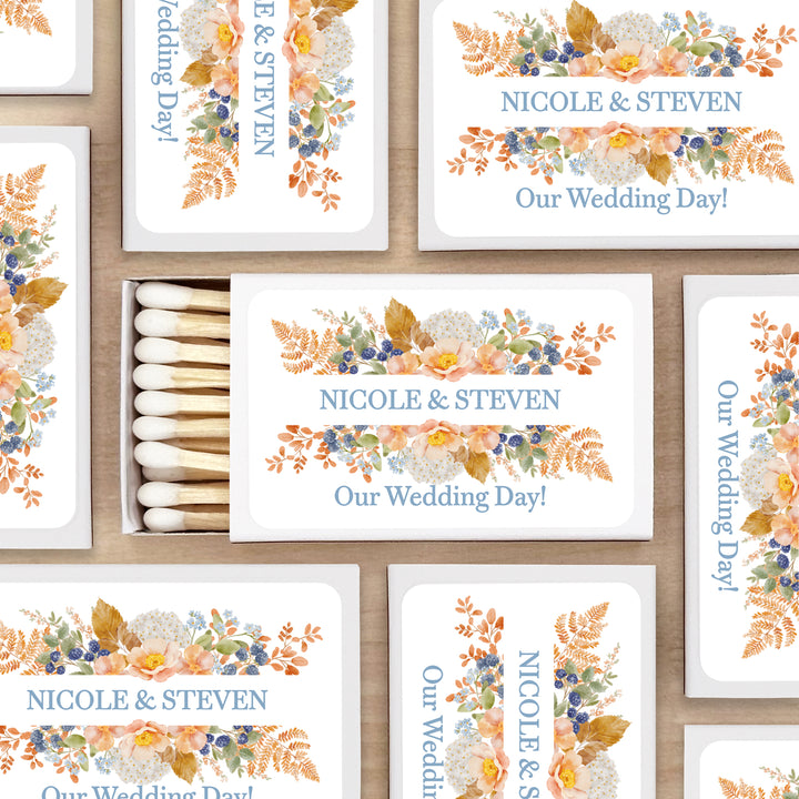 Personalized Wedding Favor Matches, Bridal Shower, Birthday Favors, Peach &amp; Blue Florals, Custom Matchboxes - Set of 50