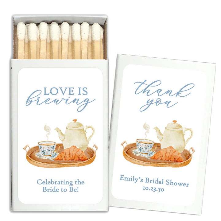 Bridal Shower Favors, Personalized Matchboxes, Bridal Brunch, Bridal Shower Tea Tray, Wedding Favors - Set of 50