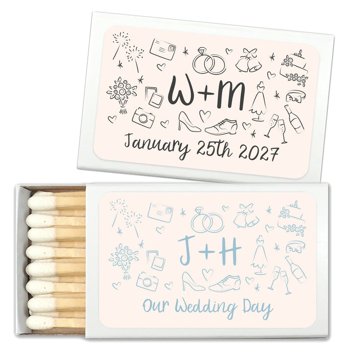 Wedding Favor Matches, Hand Drawn Wedding Icon Pattern Sketch (Set of 50)