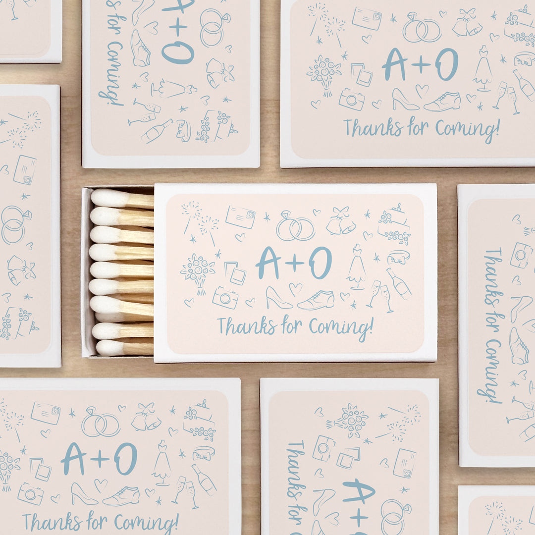 Wedding Favor Matches, Hand Drawn Wedding Icon Pattern Sketch (Set of 50)