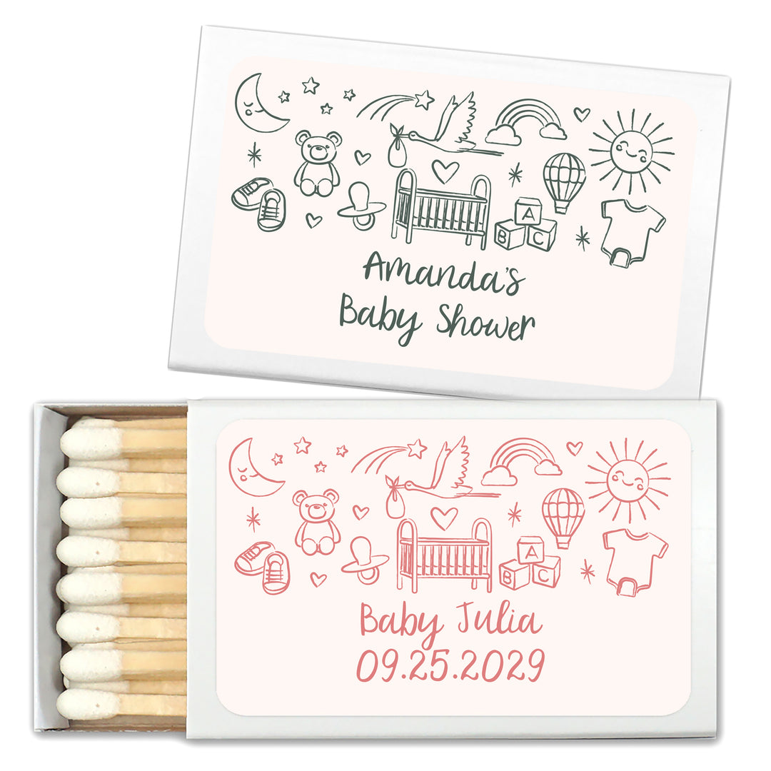 Custom Matchboxes, Baby Shower Favors, Hand Drawn Baby Icon Pattern Sketch (Set of 50)