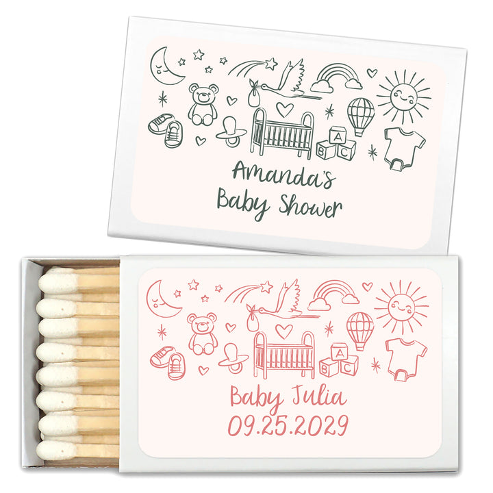 Custom Matchboxes, Baby Shower Favors, Hand Drawn Baby Icon Pattern Sketch (Set of 50)