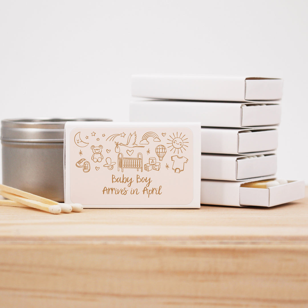 Custom Matchboxes, Baby Shower Favors, Hand Drawn Baby Icon Pattern Sketch (Set of 50)