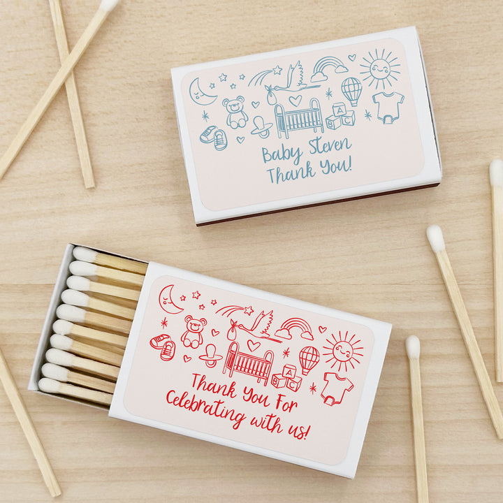 Custom Matchboxes, Baby Shower Favors, Hand Drawn Baby Icon Pattern Sketch (Set of 50)