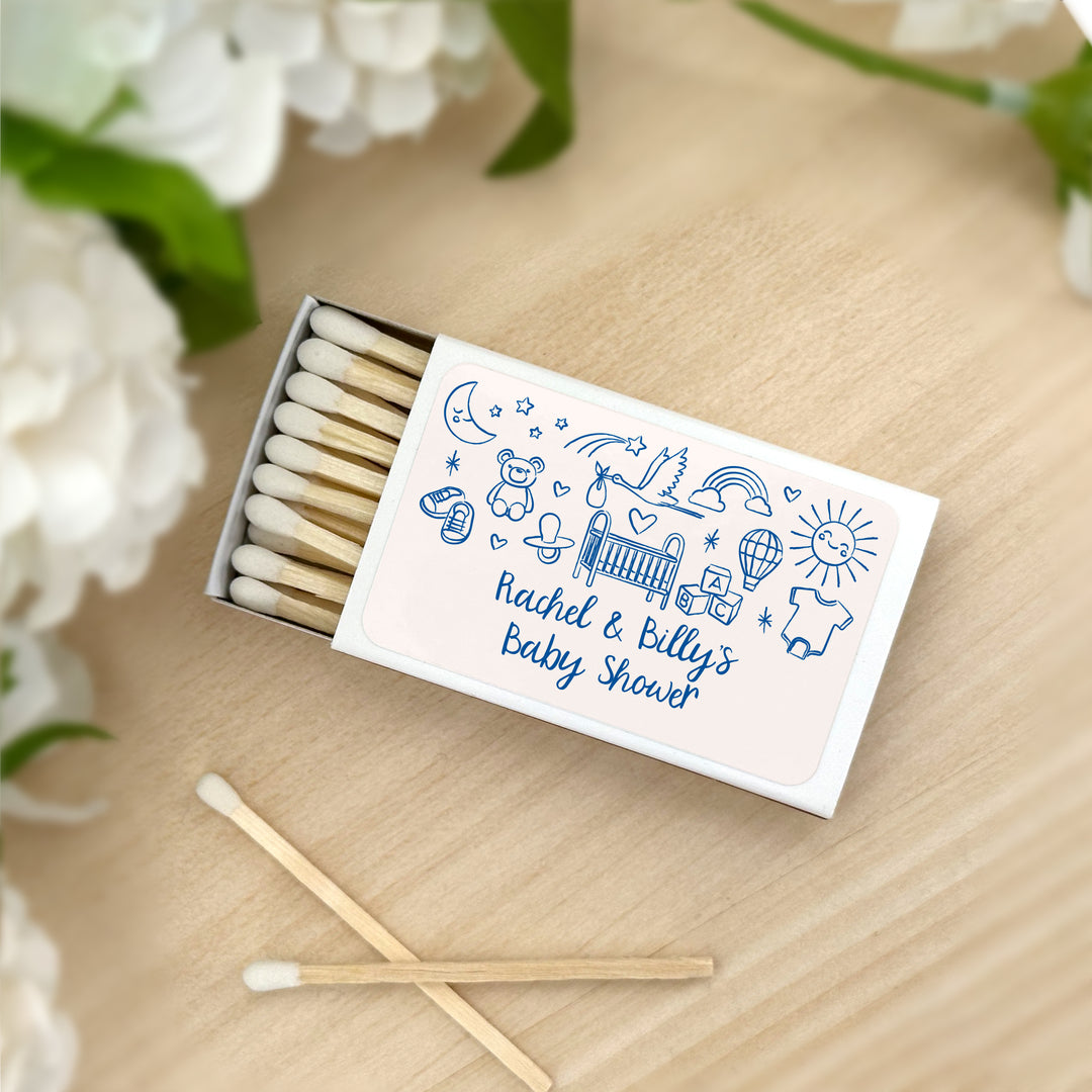 Custom Matchboxes, Baby Shower Favors, Hand Drawn Baby Icon Pattern Sketch (Set of 50)