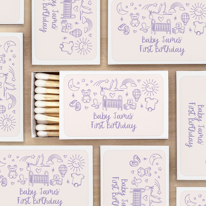 Custom Matchboxes, Baby Shower Favors, Hand Drawn Baby Icon Pattern Sketch (Set of 50)