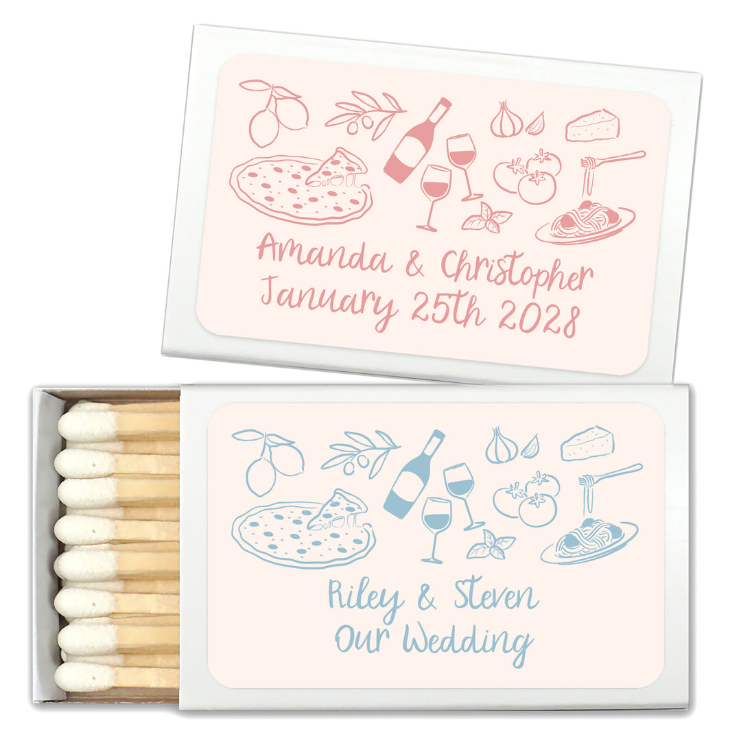 Custom Matchboxes, Italy Party Favors, Hand Drawn Italian Icon Pattern Sketch (Set of 50)