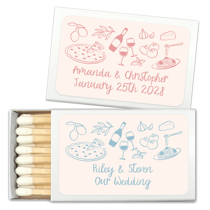 Custom Matchboxes, Italy Party Favors, Hand Drawn Italian Icon Pattern Sketch (Set of 50)