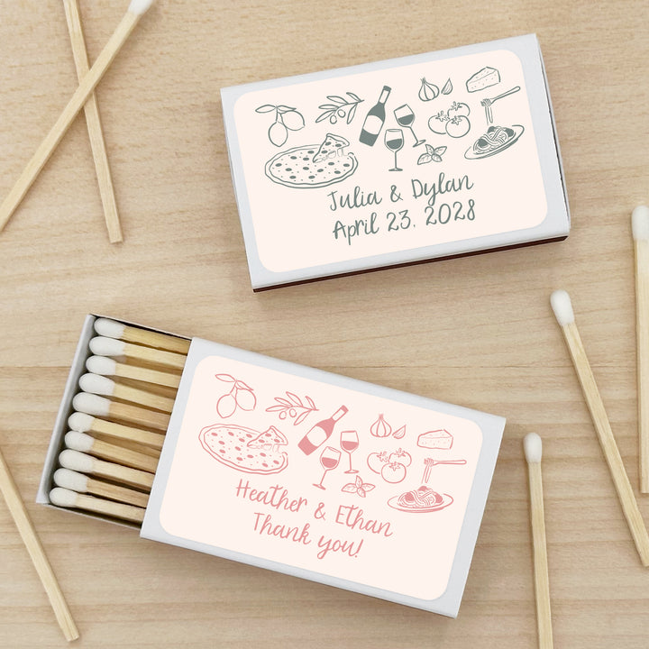 Custom Matchboxes, Italy Party Favors, Hand Drawn Italian Icon Pattern Sketch (Set of 50)