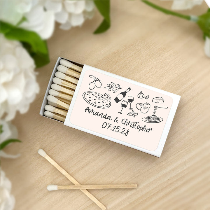 Custom Matchboxes, Italy Party Favors, Hand Drawn Italian Icon Pattern Sketch (Set of 50)