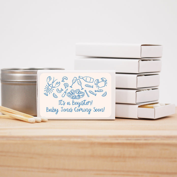Custom Matchboxes, Coastal Party Favors, Oyster Roast, Hand Drawn Seafood Pattern Sketch (Set of 50)