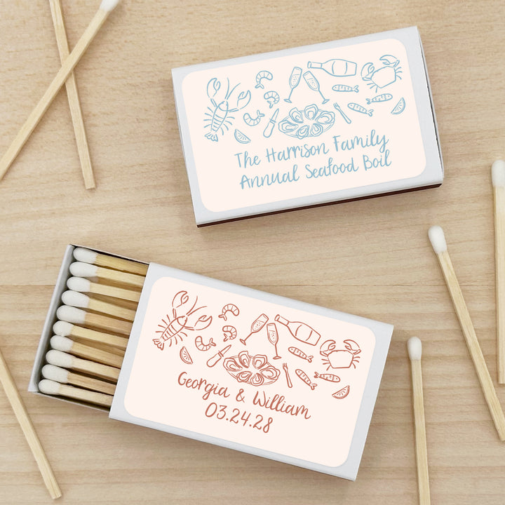Custom Matchboxes, Coastal Party Favors, Oyster Roast, Hand Drawn Seafood Pattern Sketch (Set of 50)