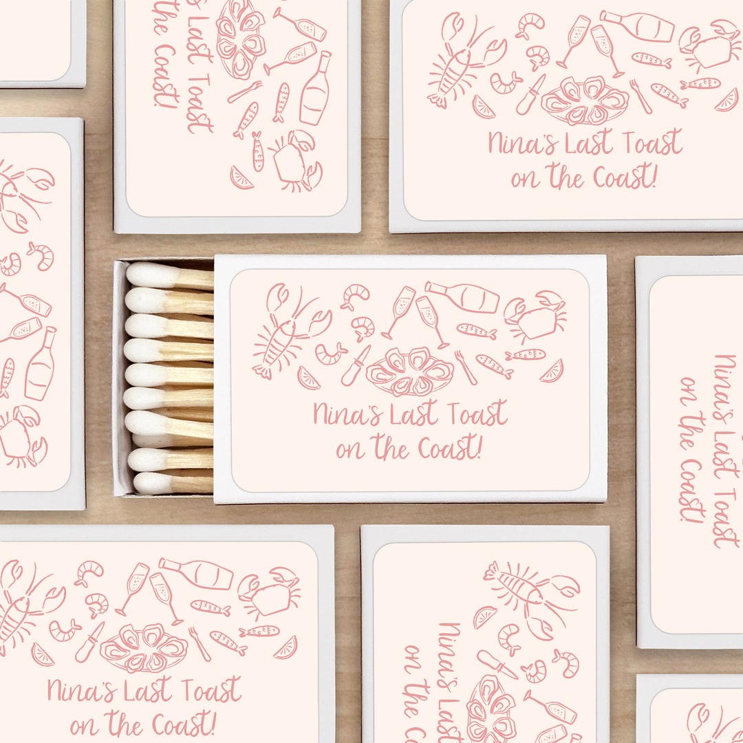 Custom Matchboxes, Coastal Party Favors, Oyster Roast, Hand Drawn Seafood Pattern Sketch (Set of 50)