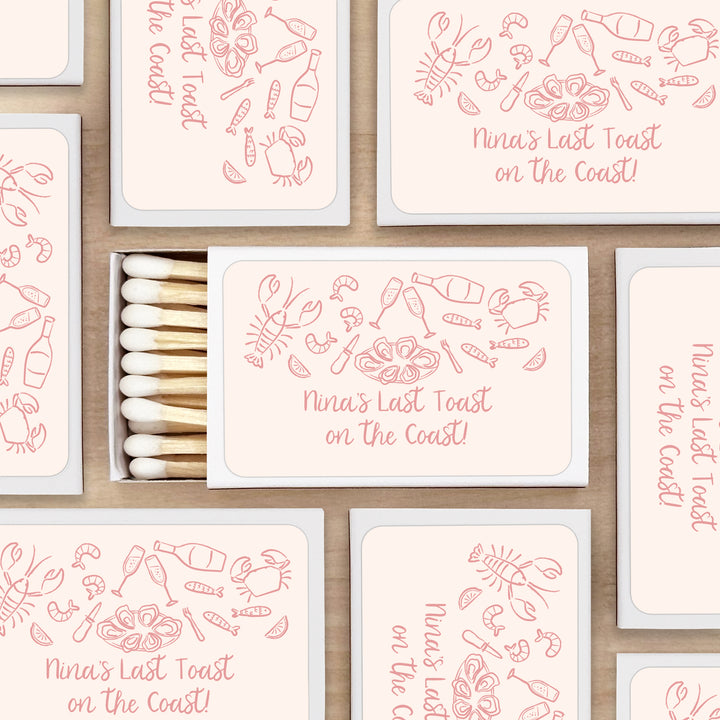 Custom Matchboxes, Coastal Party Favors, Oyster Roast, Hand Drawn Seafood Pattern Sketch (Set of 50)