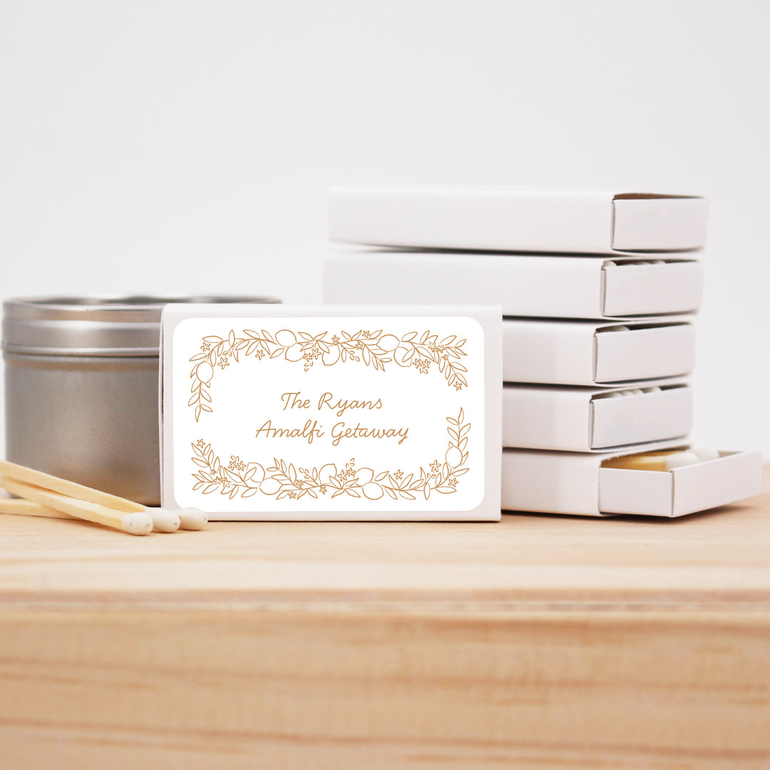 Wedding Favor Matches, Amalfi Coast Sketch Pattern, Hand Drawn Mediterranean Floral Matchboxes