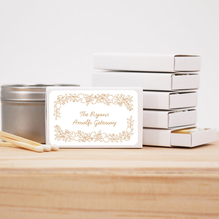 Wedding Favor Matches, Amalfi Coast Sketch Pattern, Hand Drawn Mediterranean Floral Matchboxes