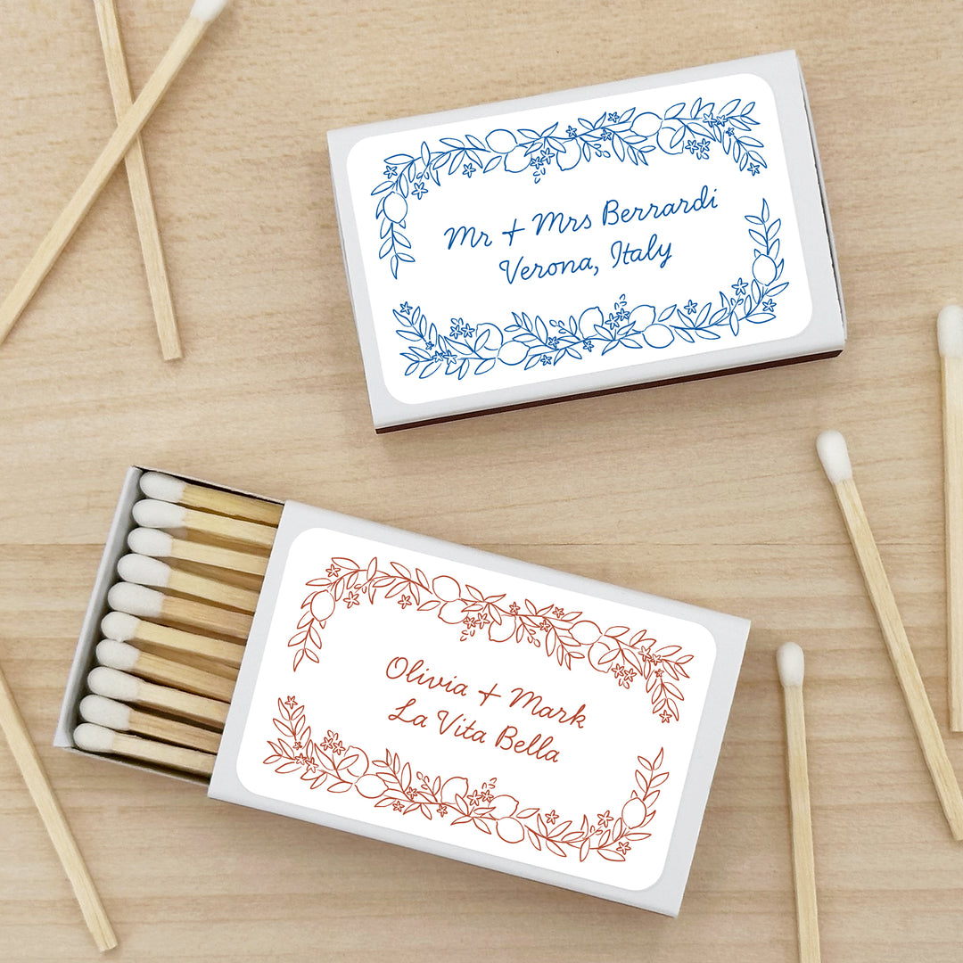 Wedding Favor Matches, Amalfi Coast Sketch Pattern, Hand Drawn Mediterranean Floral Matchboxes